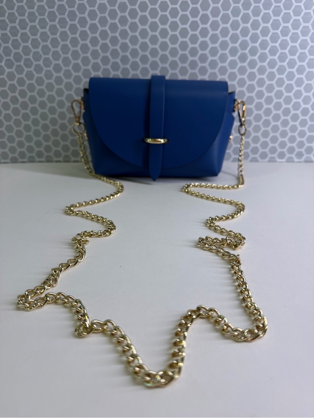 Pelle Italian Borsa Blue Crossbody Bag with Gold Chain Strap